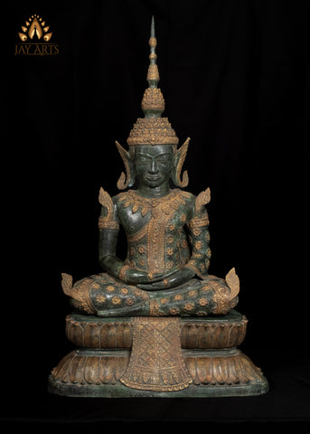 43” Cambodian Bronze Buddha in Meditation wearing an Exquisite Floral Motif Robe and Spire-like Crown