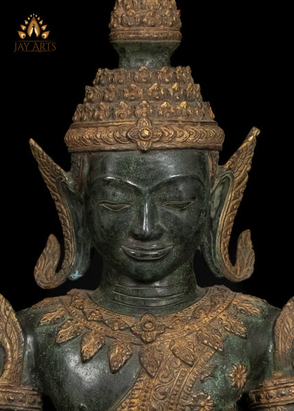 43” Cambodian Bronze Buddha in Meditation wearing an Exquisite Floral Motif Robe and Spire-like Crown