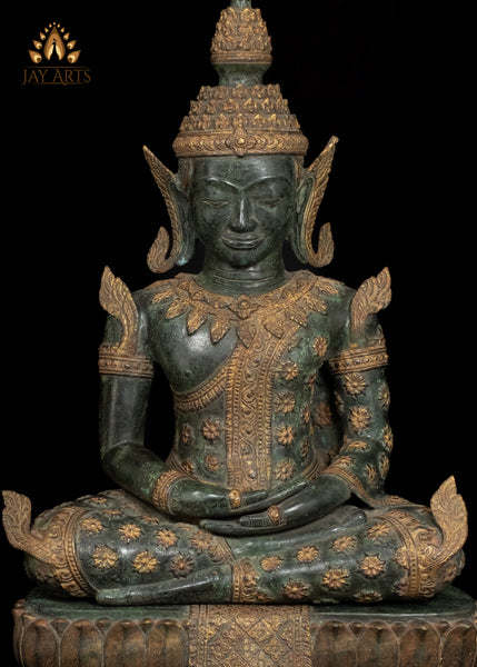 43” Cambodian Bronze Buddha in Meditation wearing an Exquisite Floral Motif Robe and Spire-like Crown