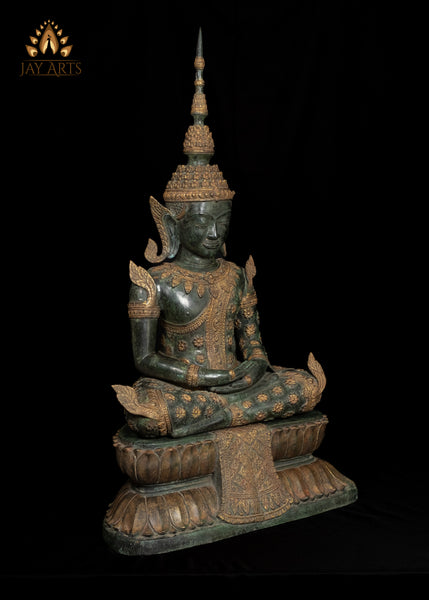 43” Cambodian Bronze Buddha in Meditation wearing an Exquisite Floral Motif Robe and Spire-like Crown