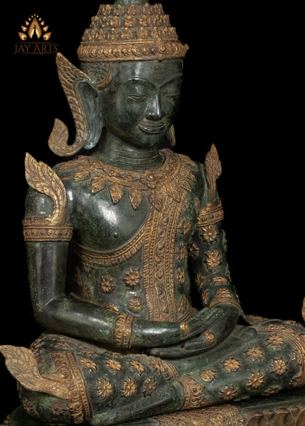 43” Cambodian Bronze Buddha in Meditation wearing an Exquisite Floral Motif Robe and Spire-like Crown