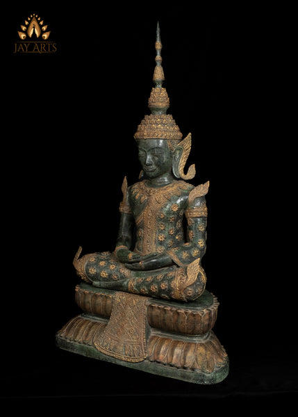 43” Cambodian Bronze Buddha in Meditation wearing an Exquisite Floral Motif Robe and Spire-like Crown