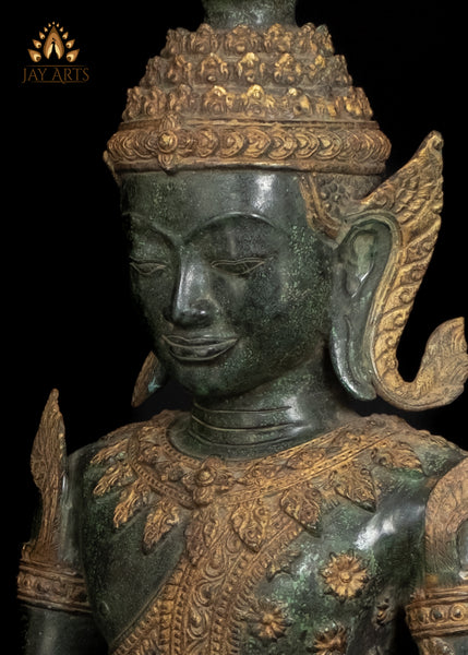 43” Cambodian Bronze Buddha in Meditation wearing an Exquisite Floral Motif Robe and Spire-like Crown