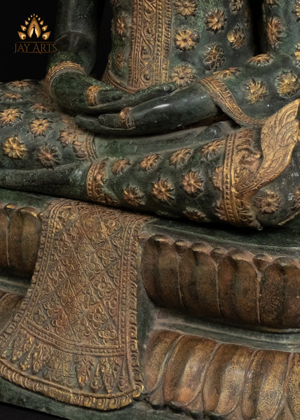 43” Cambodian Bronze Buddha in Meditation wearing an Exquisite Floral Motif Robe and Spire-like Crown