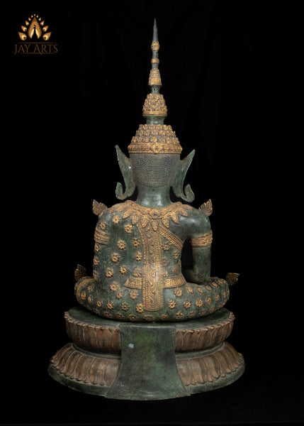 43” Cambodian Bronze Buddha in Meditation wearing an Exquisite Floral Motif Robe and Spire-like Crown