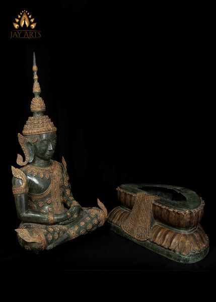 43” Cambodian Bronze Buddha in Meditation wearing an Exquisite Floral Motif Robe and Spire-like Crown