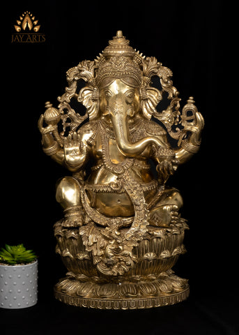 26" Brass Raja Ganapati seated on a Double Lotus Pedestal Wearing Elaborate Ornaments