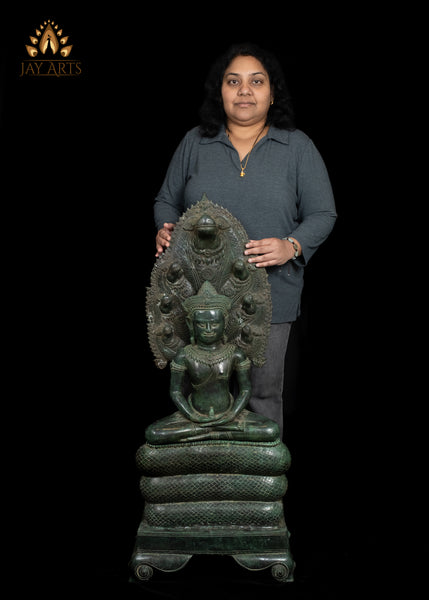 42" Large Naga Buddha Bronze Statue in Meditation Exquisitely Detailed 7 Headed Muchalinda Serpent