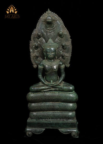 42" Large Naga Buddha Bronze Statue in Meditation Exquisitely Detailed 7 Headed Muchalinda Serpent