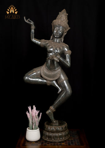 39" Tall Cambodian Dancing Apsara Exuding Ethereal Elegance Bronze Statue