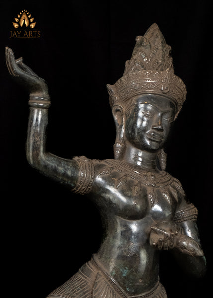 39" Tall Cambodian Dancing Apsara Exuding Ethereal Elegance Bronze Statue