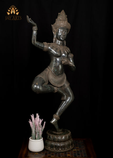 39" Tall Cambodian Dancing Apsara Exuding Ethereal Elegance Bronze Statue