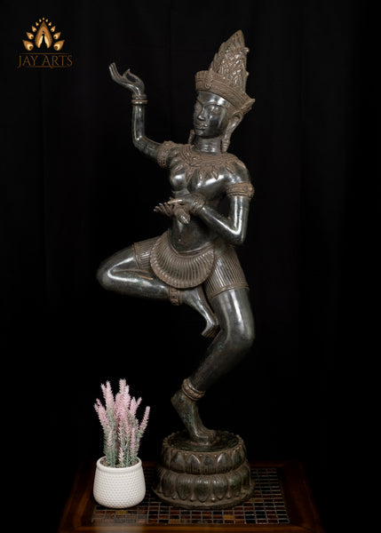 39" Tall Cambodian Dancing Apsara Exuding Ethereal Elegance Bronze Statue