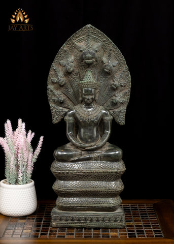 21” Naga Buddha in Meditation protected by Muchalinda Cambodian Bronze Buddha Statue