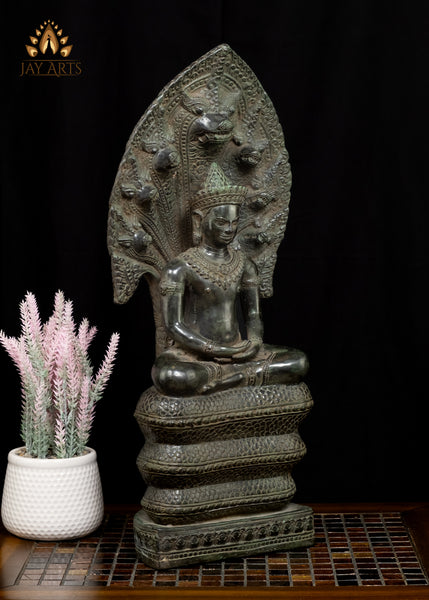 21” Naga Buddha in Meditation protected by Muchalinda Cambodian Bronze Buddha Statue