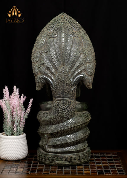 21” Naga Buddha in Meditation protected by Muchalinda Cambodian Bronze Buddha Statue