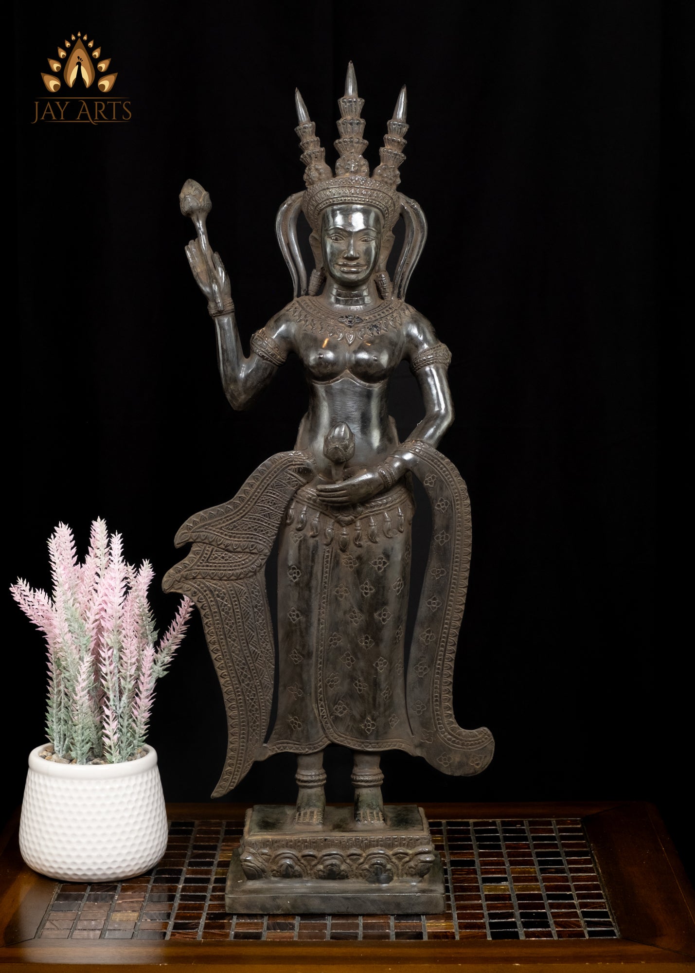 22" Beautiful Apsara wearing Ornamented Headdress and holding Lotus Buds Cambodian Bronze Statue