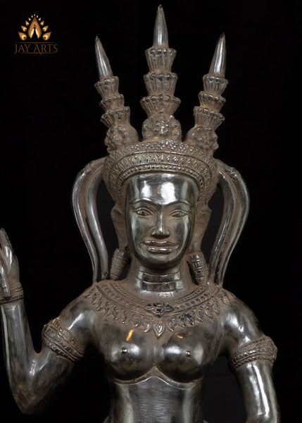 22" Beautiful Apsara wearing Ornamented Headdress and holding Lotus Buds Cambodian Bronze Statue