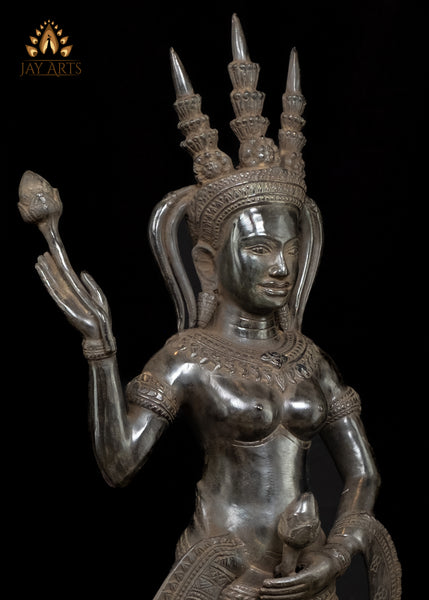 22" Beautiful Apsara wearing Ornamented Headdress and holding Lotus Buds Cambodian Bronze Statue