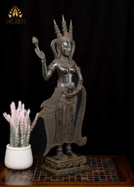 22" Beautiful Apsara wearing Ornamented Headdress and holding Lotus Buds Cambodian Bronze Statue