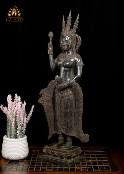 22" Beautiful Apsara wearing Ornamented Headdress and holding Lotus Buds Cambodian Bronze Statue