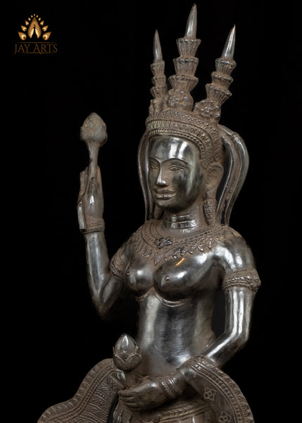 22" Beautiful Apsara wearing Ornamented Headdress and holding Lotus Buds Cambodian Bronze Statue