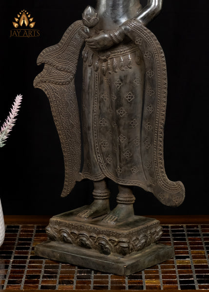 22" Beautiful Apsara wearing Ornamented Headdress and holding Lotus Buds Cambodian Bronze Statue