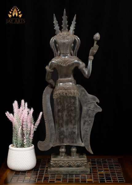 22" Beautiful Apsara wearing Ornamented Headdress and holding Lotus Buds Cambodian Bronze Statue