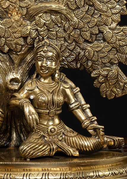 12" Blissful Radha Krishna Beneath a Kadamba Tree Brass Statue with Intricate Details