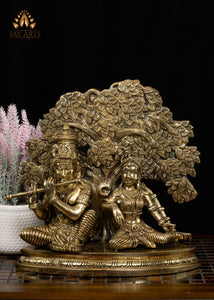 12" Blissful Radha Krishna Beneath a Kadamba Tree Brass Statue with Intricate Details