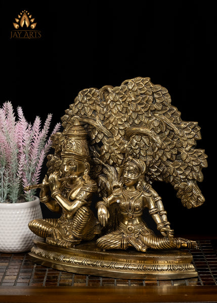 12" Blissful Radha Krishna Beneath a Kadamba Tree Brass Statue with Intricate Details