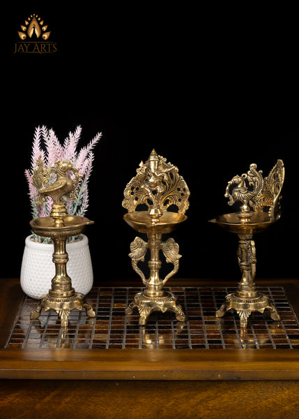 9” Brass Ganesh and Bird Lamps 3 Piece Set - A Harmonious Display of Elegance and Tradition