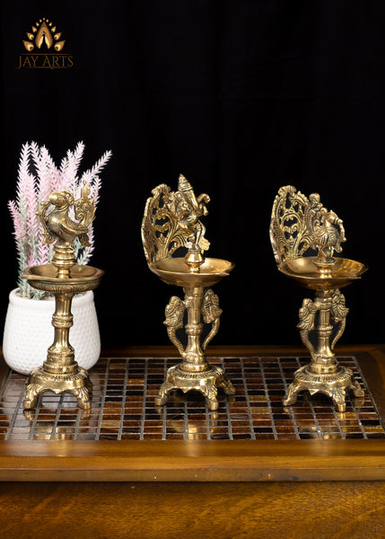 9” Brass Ganesh and Bird Lamps 3 Piece Set - A Harmonious Display of Elegance and Tradition