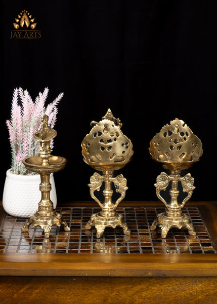 9” Brass Ganesh and Bird Lamps 3 Piece Set - A Harmonious Display of Elegance and Tradition