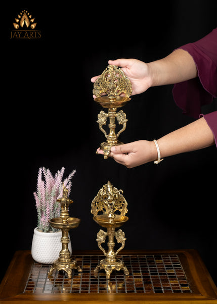 9” Brass Ganesh and Bird Lamps 3 Piece Set - A Harmonious Display of Elegance and Tradition