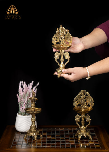 9” Brass Ganesh and Bird Lamps 3 Piece Set - A Harmonious Display of Elegance and Tradition