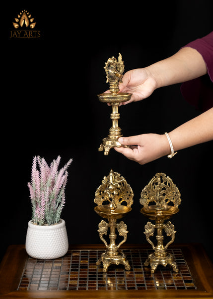 9” Brass Ganesh and Bird Lamps 3 Piece Set - A Harmonious Display of Elegance and Tradition