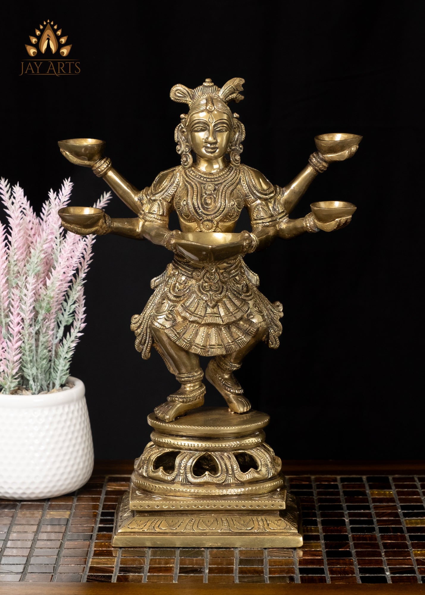 14” Brass Deep Lakshmi with 5 Lamps Elegance and Timeless Charm