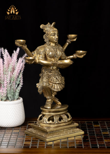 14” Brass Deep Lakshmi with 5 Lamps Elegance and Timeless Charm