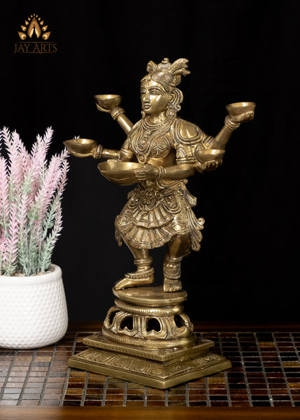 14” Brass Deep Lakshmi with 5 Lamps Elegance and Timeless Charm