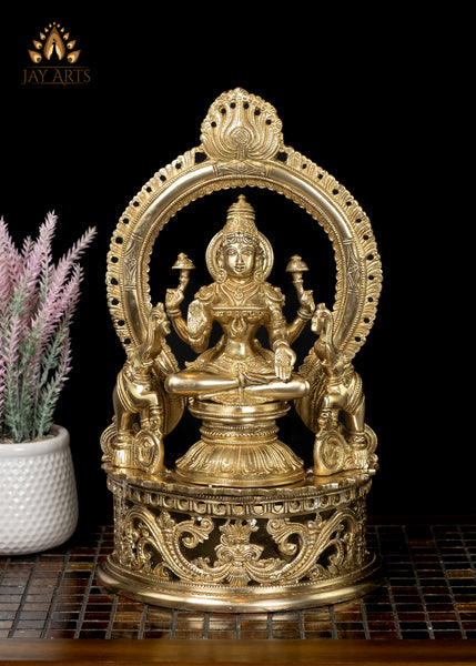 14" Goddess Lakshmi Seated on a Lotus Throne with Elephants Brass Statue