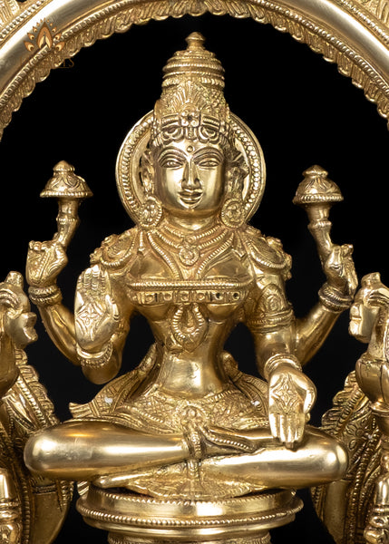 14" Goddess Lakshmi Seated on a Lotus Throne with Elephants Brass Statue