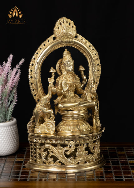 14" Goddess Lakshmi Seated on a Lotus Throne with Elephants Brass Statue