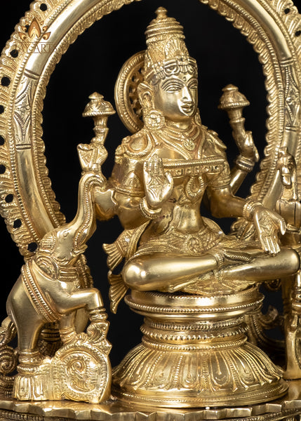 14" Goddess Lakshmi Seated on a Lotus Throne with Elephants Brass Statue