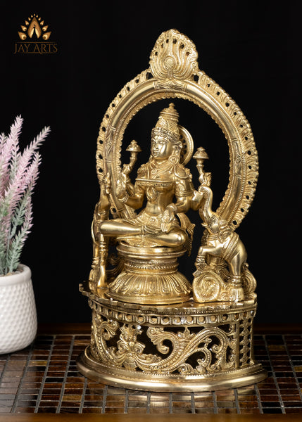 14" Goddess Lakshmi Seated on a Lotus Throne with Elephants Brass Statue