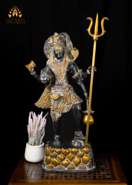 26" Brass Shiva Standing on a Mount Holding a Tall Trident and a Kamandalu