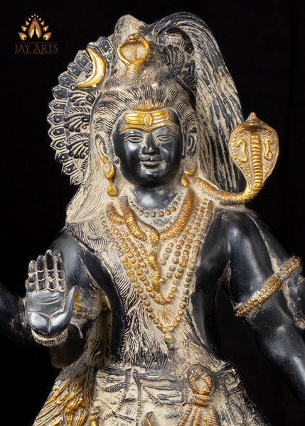 26" Brass Shiva Standing on a Mount Holding a Tall Trident and a Kamandalu