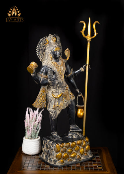 26" Brass Shiva Standing on a Mount Holding a Tall Trident and a Kamandalu