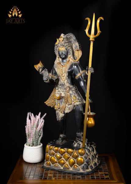 26" Brass Shiva Standing on a Mount Holding a Tall Trident and a Kamandalu