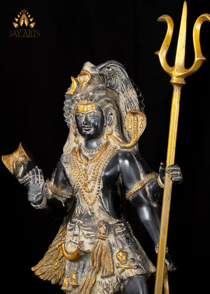 26" Brass Shiva Standing on a Mount Holding a Tall Trident and a Kamandalu